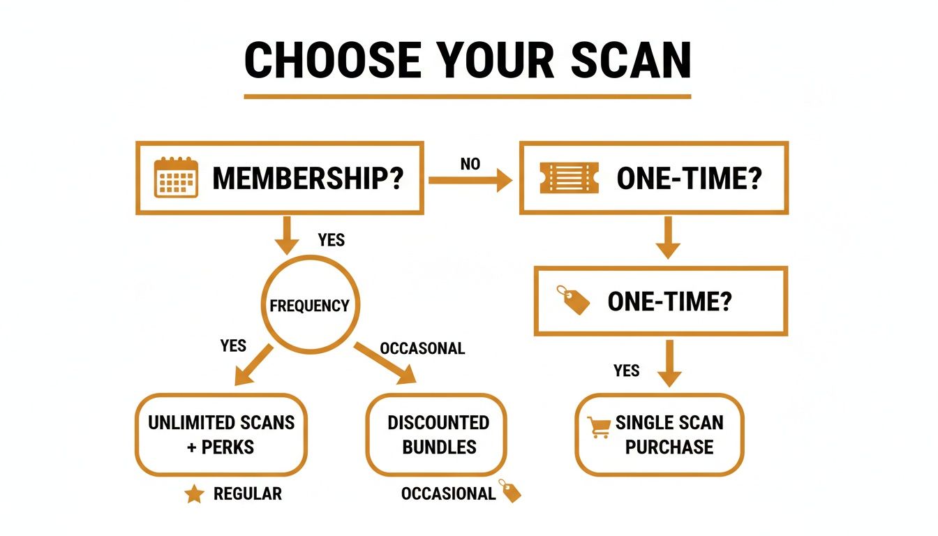 A flowchart diagram illustrating how to choose a scan option based on membership status and frequency.