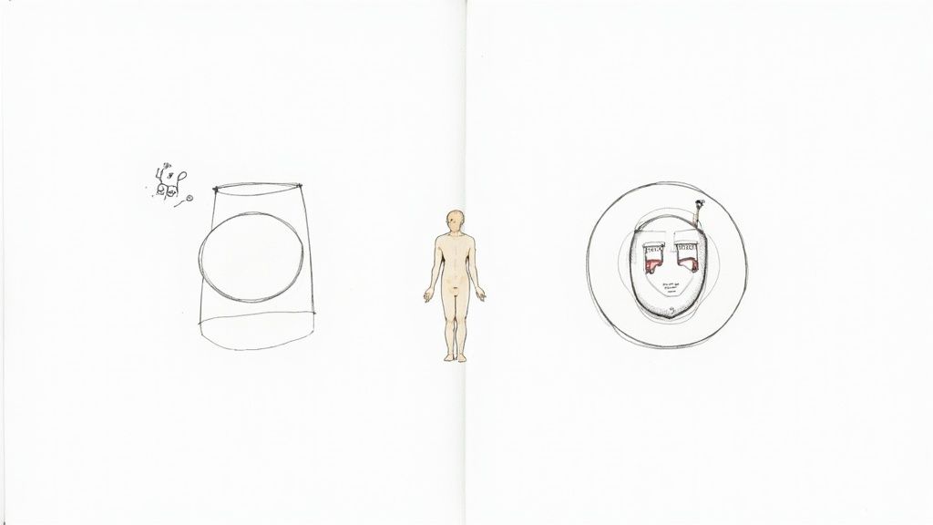 A conceptual drawing depicting a central human figure, an abstract object, and a stylized face.