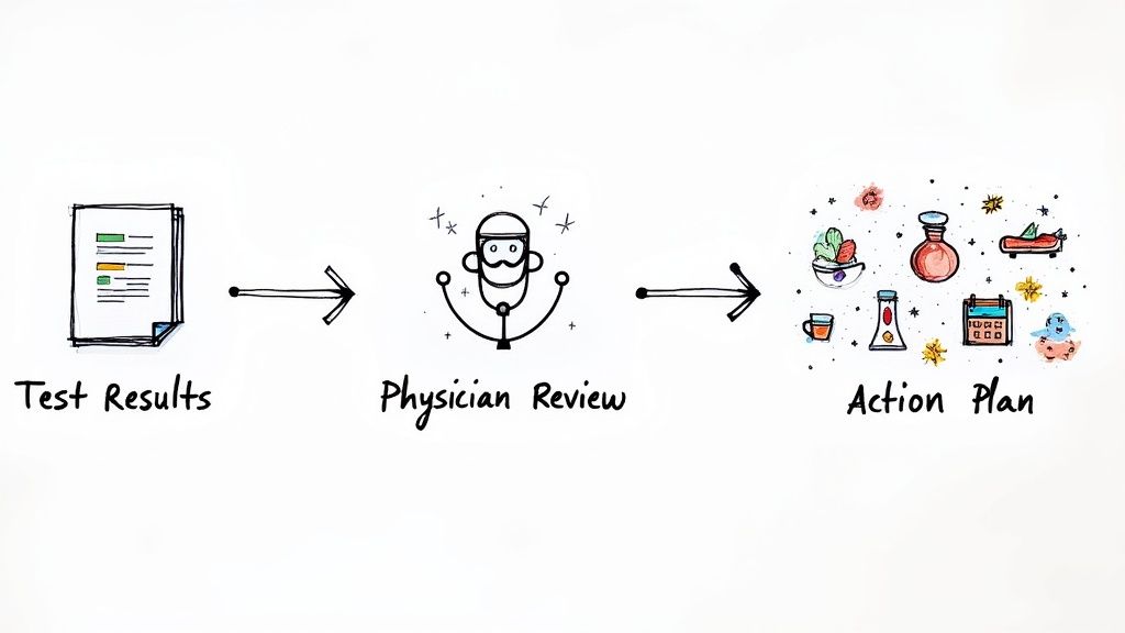 Hand-drawn diagram illustrating the journey from medical test results to a personalized action plan.