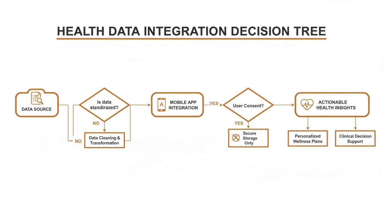 Flowchart detailing the health data integration decision tree, from data source to actionable insights.