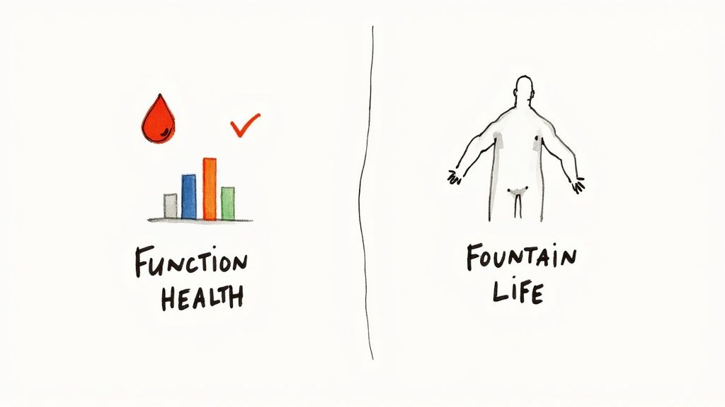 A diagram contrasting 'FUNCTION HEALTH' (blood drop, checkmark, bar chart) with 'FOUNTAIN LIFE' (human torso).
