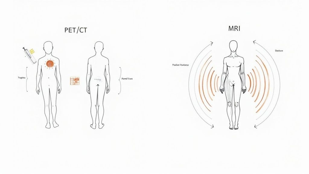 Illustration comparing PET/CT and MRI medical imaging techniques using human body diagrams.