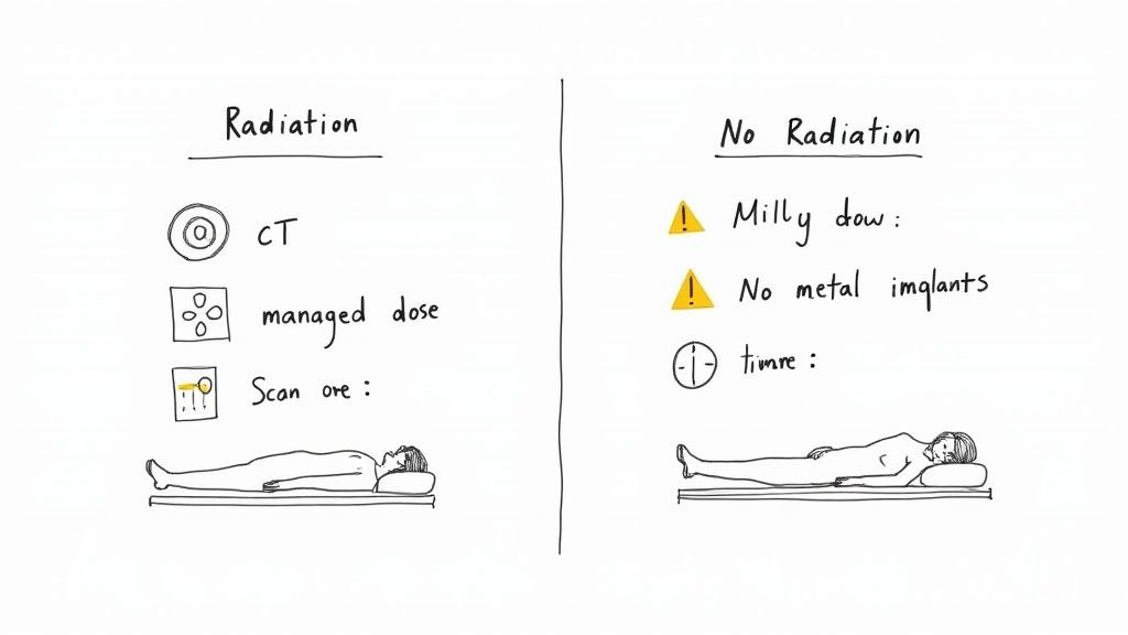 Hand-drawn comparison of medical imaging, contrasting radiation (CT scan) with no radiation (MRI, no metal implants).