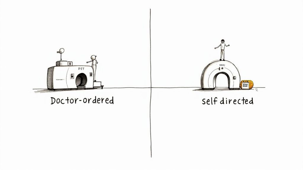 Illustration contrasting doctor-ordered PET scans with self-directed MRI scans, depicting evolving medical imaging approaches.