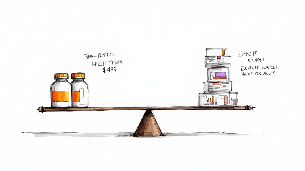 A balance scale comparing two medicine bottles at $499 to a stack of bundled services priced at $2999.