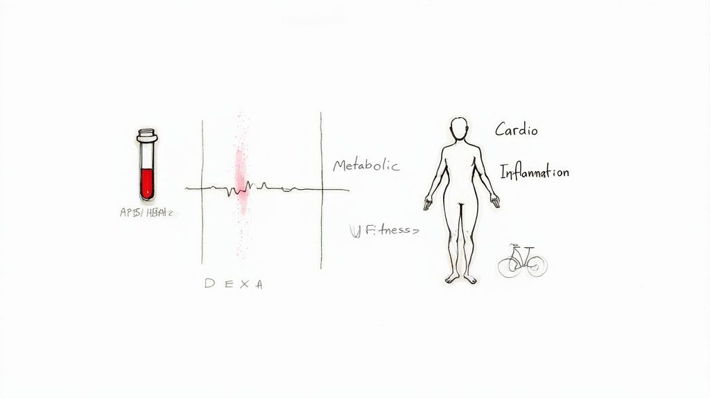 A hand-drawn diagram illustrating various health metrics like blood tests, DEXA, metabolic fitness, and cardio inflammation.