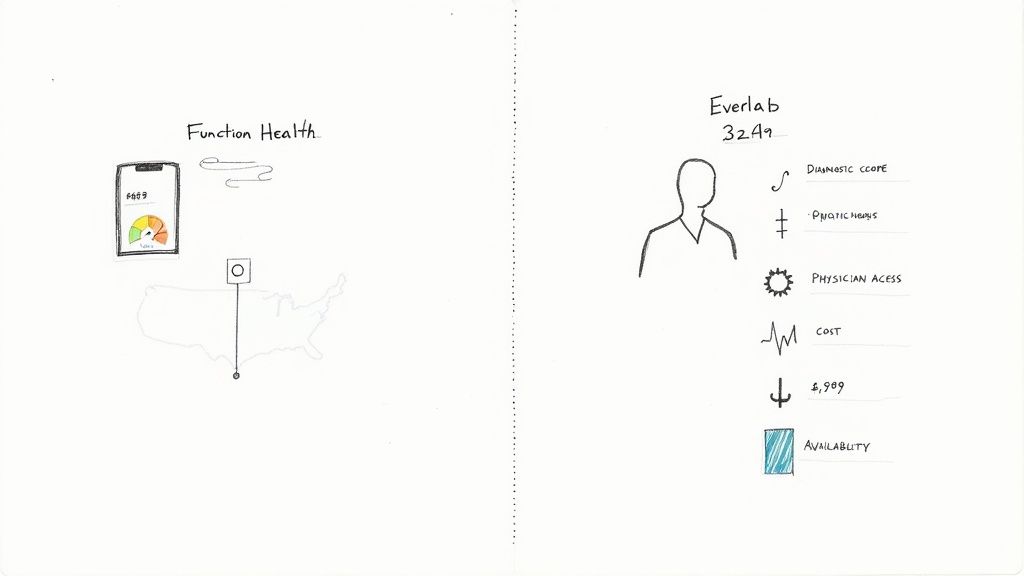 A visual comparison of Function Health and Everlab services, detailing features, cost, and availability.