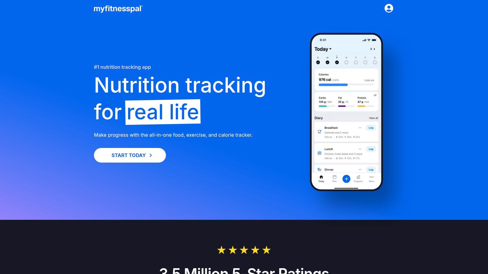 MyFitnessPal nutrition tracking interface showing daily goals for calories, protein, carbs, and fat.