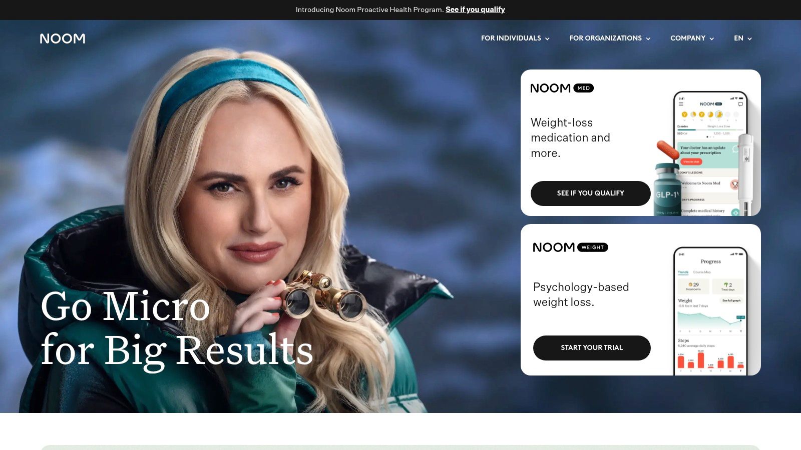 Noom app interface showing daily lessons and food logging features.