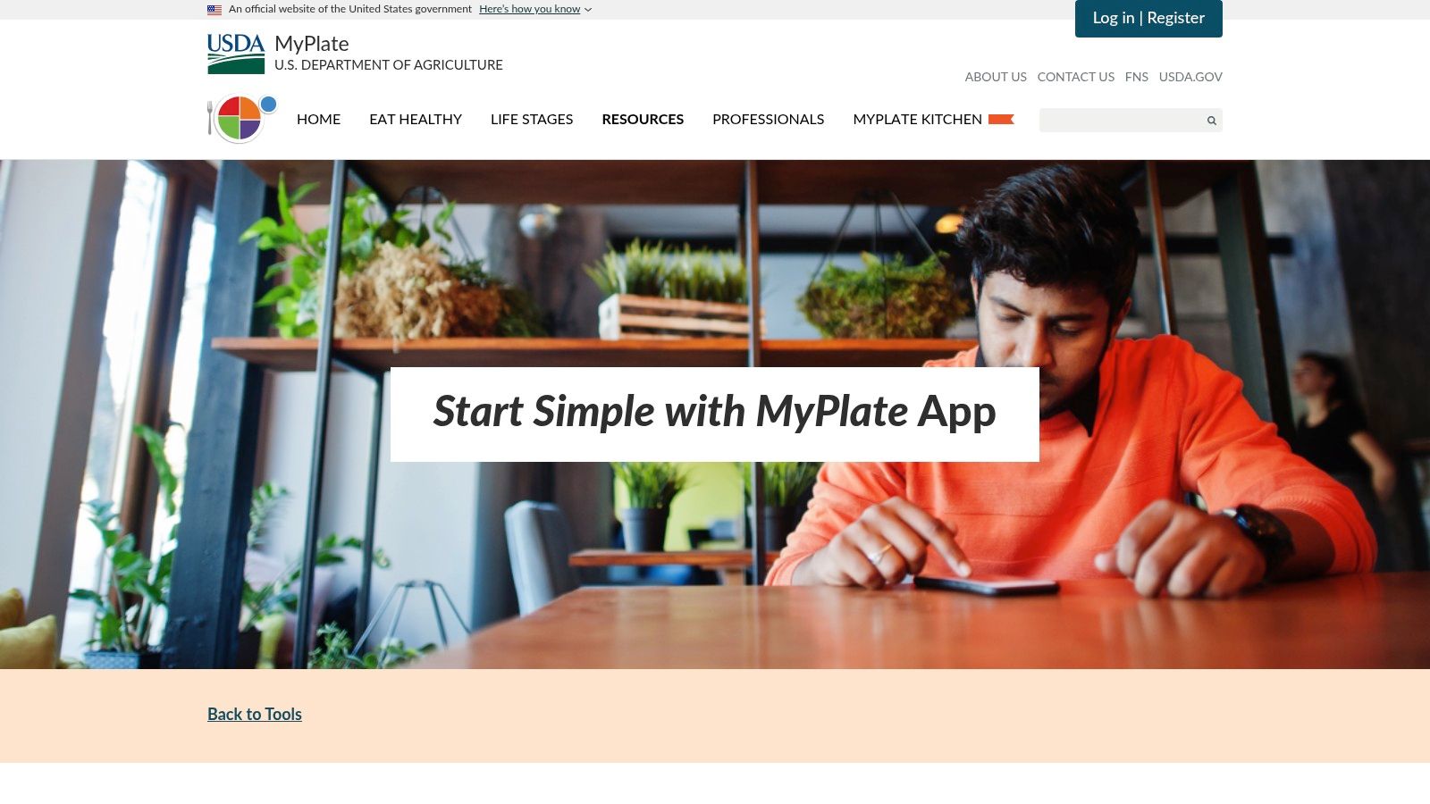 Start Simple with MyPlate (USDA) app interface showing food group goals and progress.