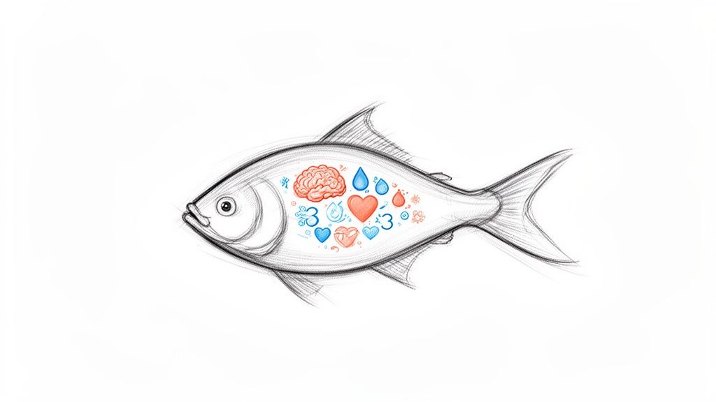 A detailed sketch of a fish revealing its internal brain, heart, and omega-3 symbols.