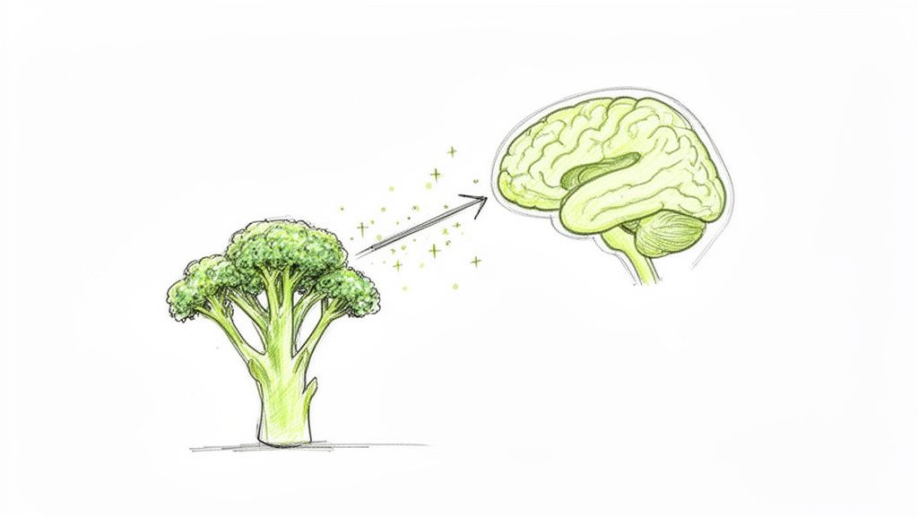 Illustration showing broccoli with an arrow and sparkles pointing towards a human brain, symbolizing health benefits.