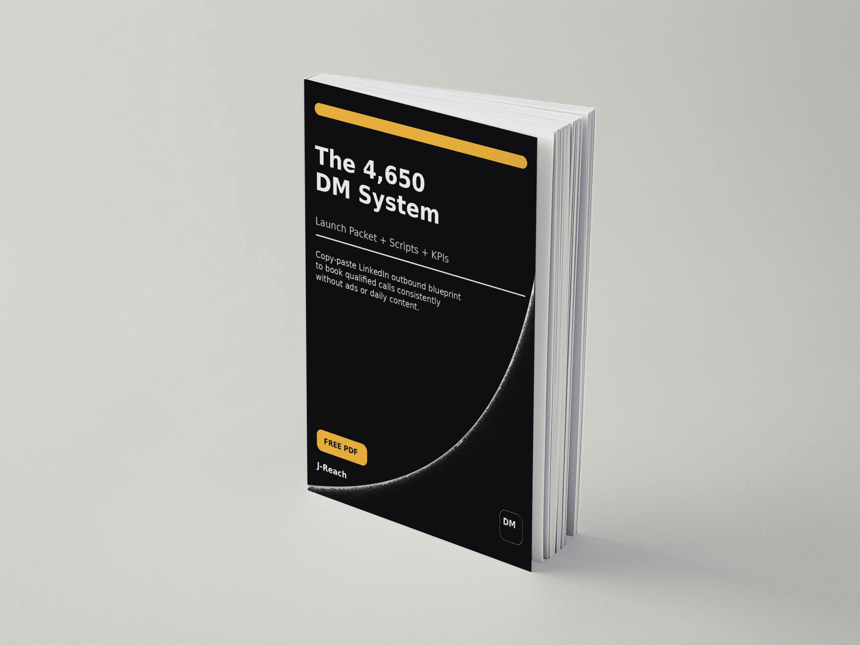 3D mockup of a standing black book titled 'The 4,650 DM System' with a subtitle about LinkedIn outbound blueprint for booking qualified calls.