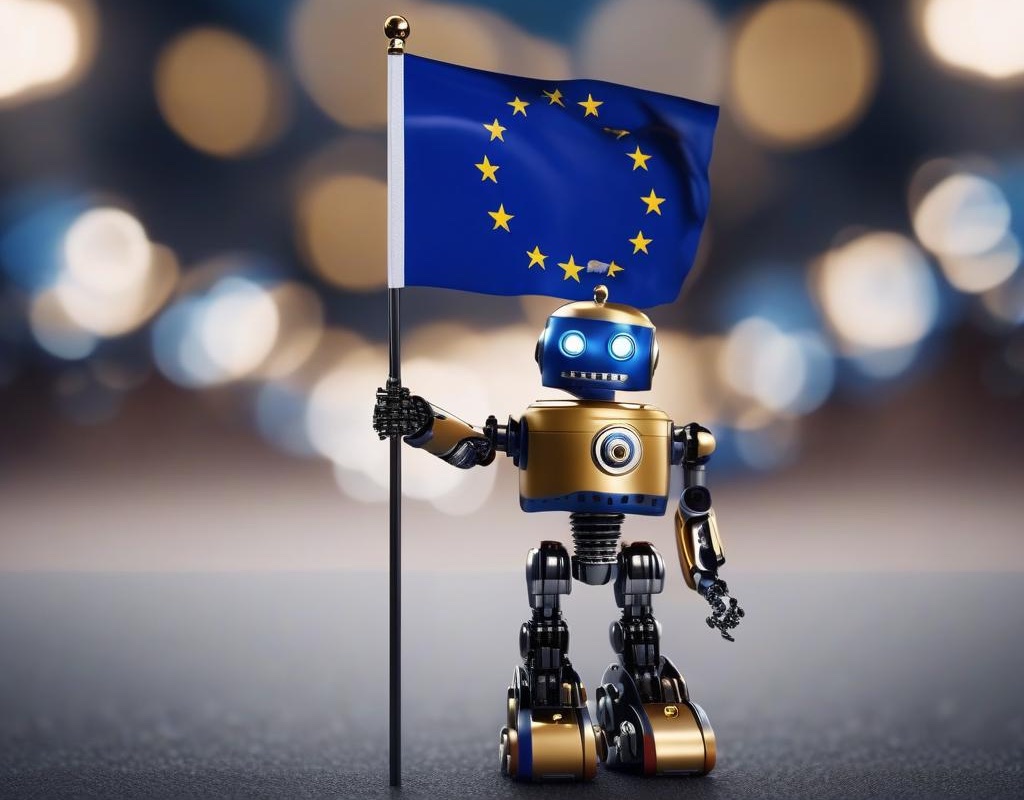 EU AI act robot with EU flag - Image AI-generated by SDXL