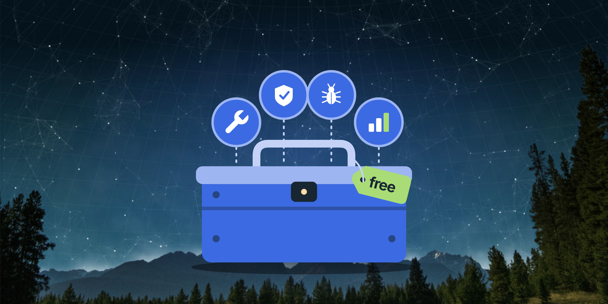 Blue toolbox with a free tag and four floating tool icons: wrench, shield, bug and chart.