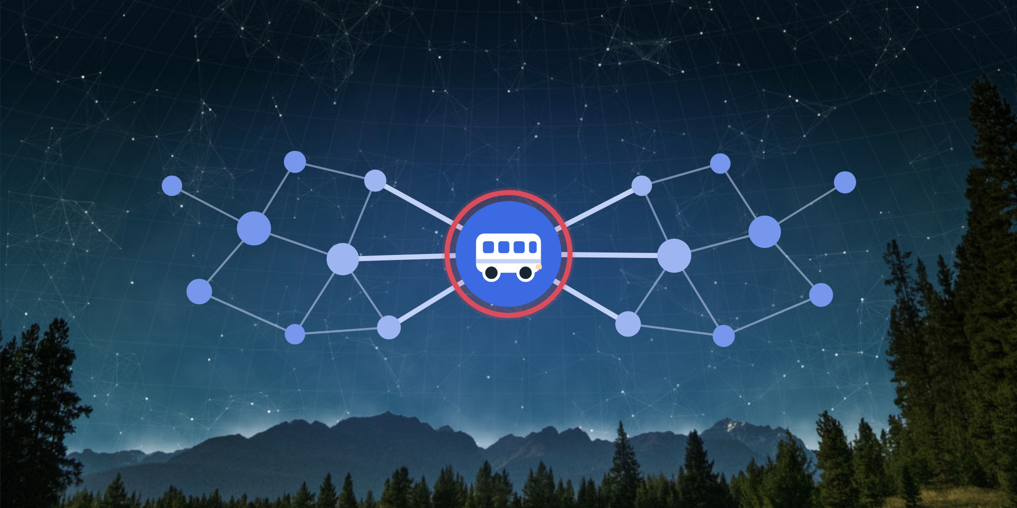 Two networks connected only through one central node with a bus symbol and a red ring.