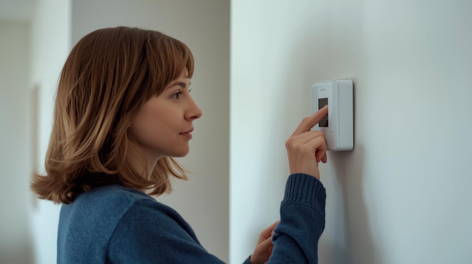 a woman adjusting an ac thermostat