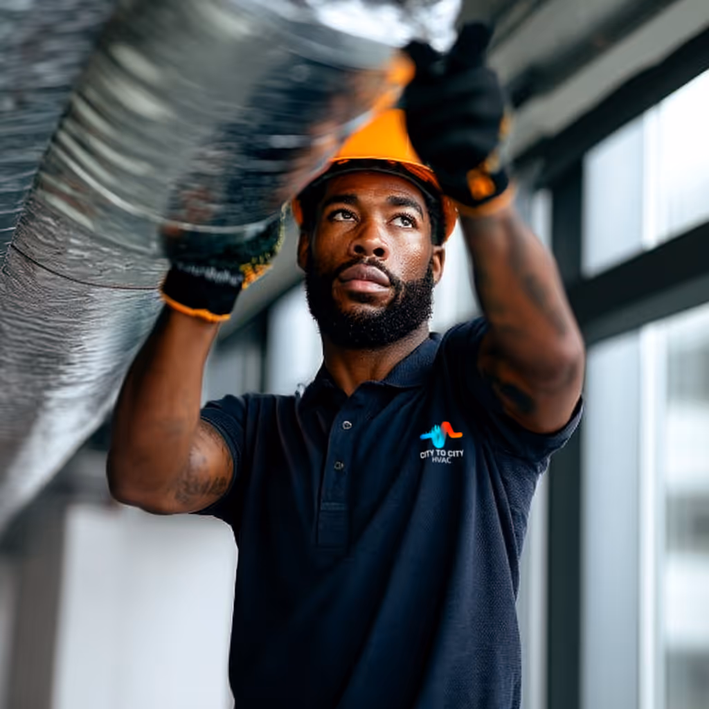 City to City HVAC professional installing commercial HVAC ductwork in a large facility in Cape Coral, Florida.	