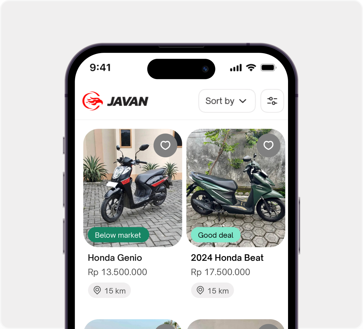Menu cari motor di aplikasi JAVAN