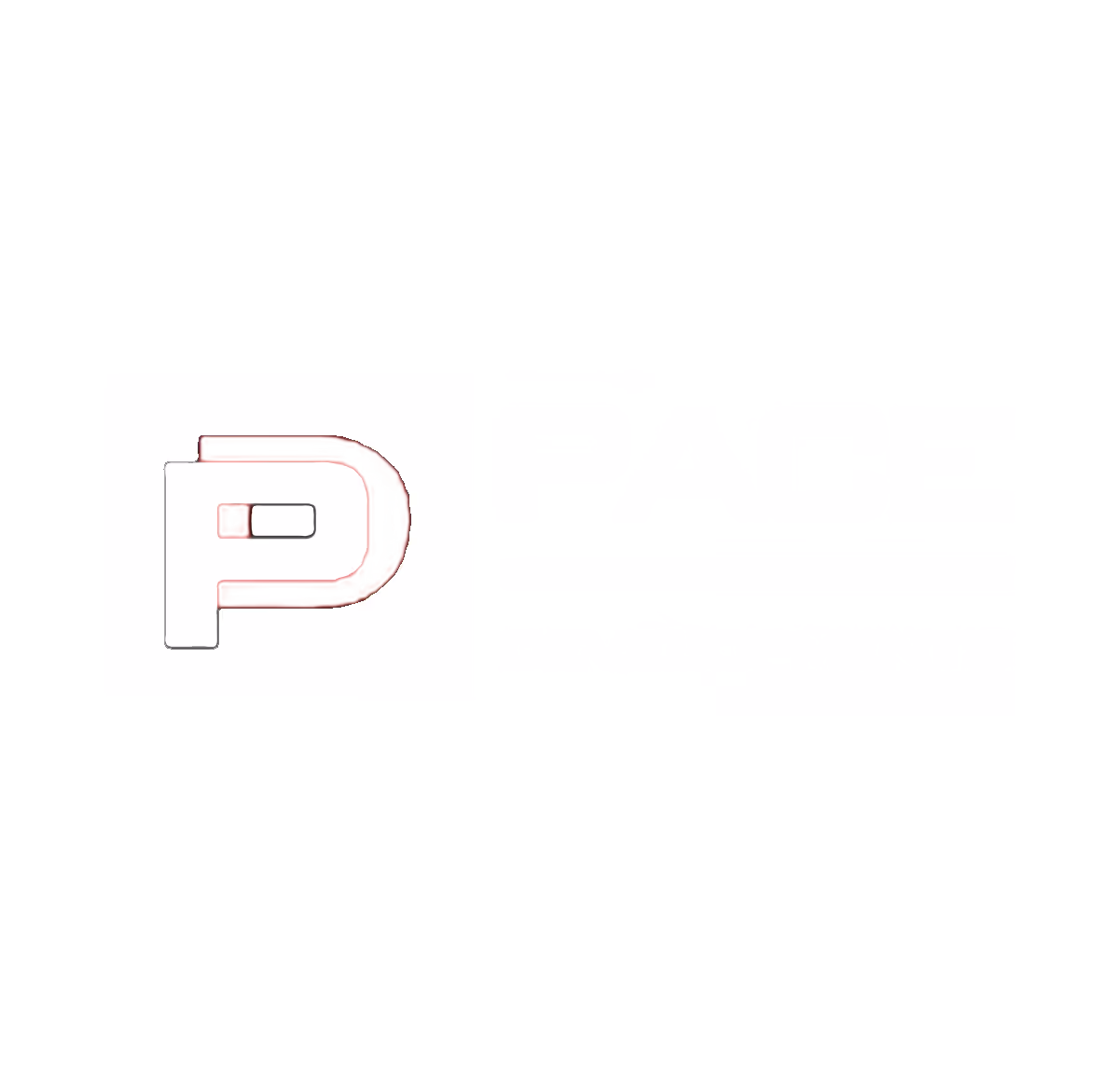 White letter P logo with a pink outline on a white background.