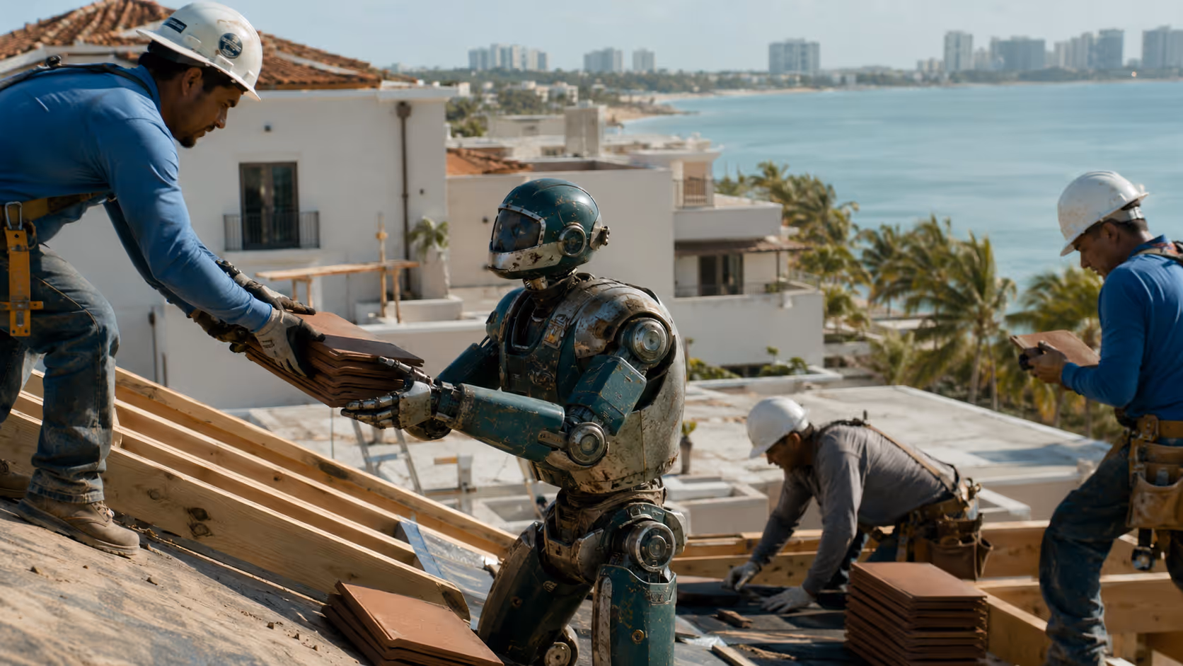 A robot and three workers in hard hats installing roof tiles on a coastal building under construction.