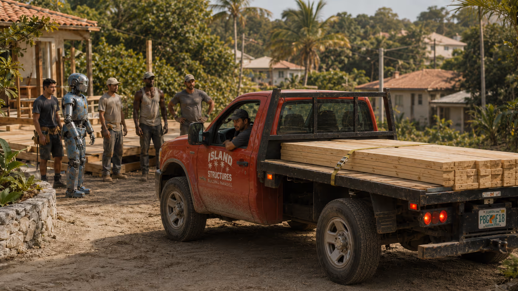 Construction workers and a robot standing near a red truck loaded with lumber on a dirt road.