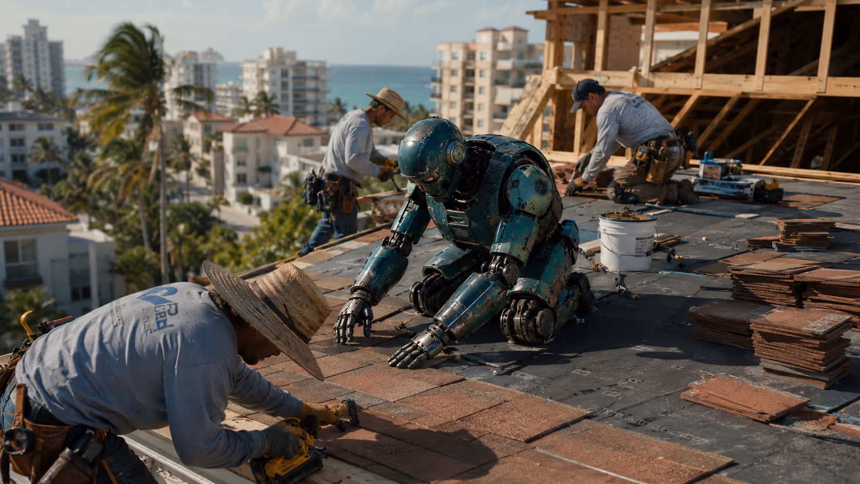 Robotic and human workers installing roof shingles on a building under construction in a coastal city.
