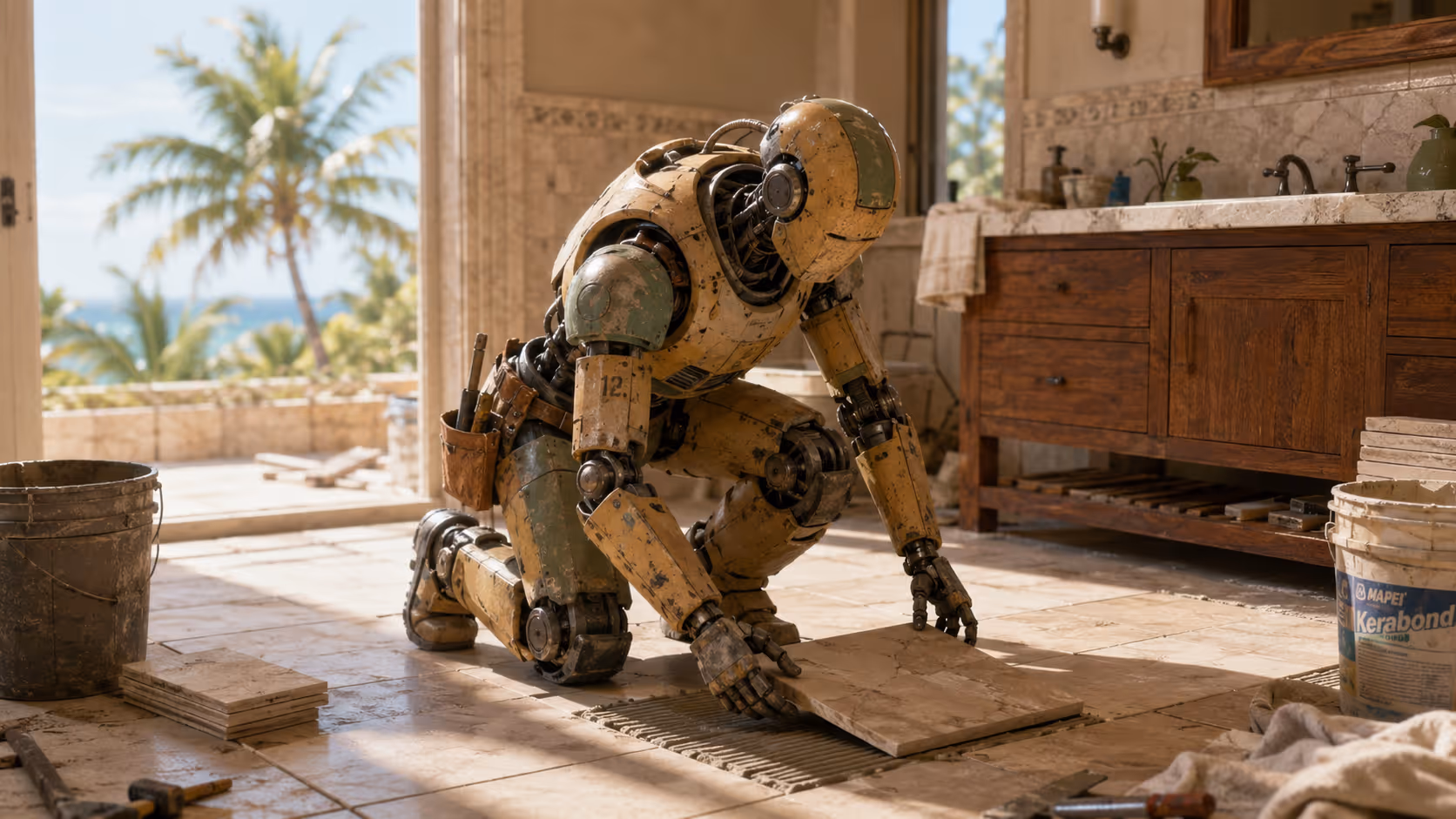 Yellow and green robot kneeling inside a home while installing a floor tile near a wooden cabinet.