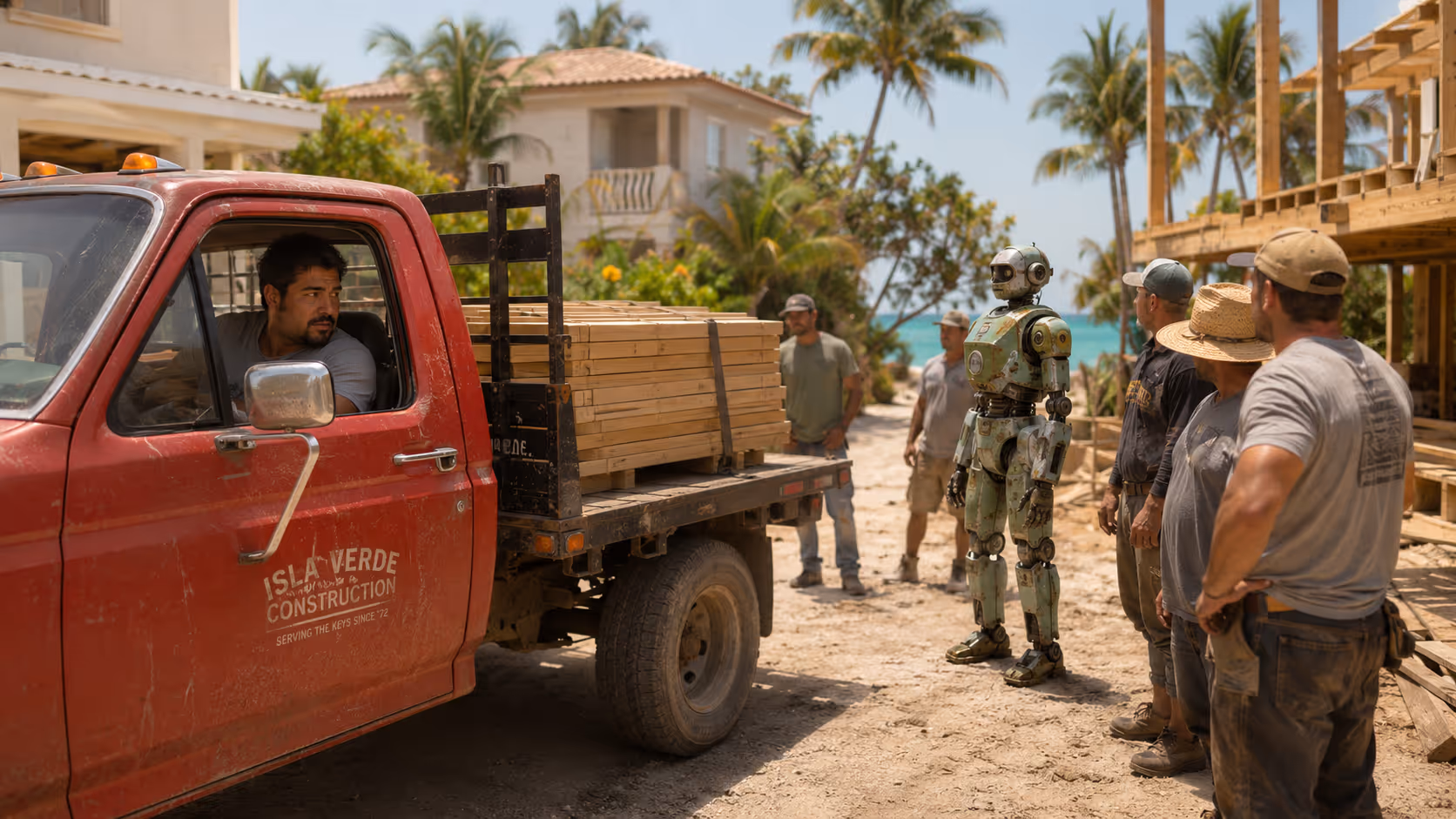 Construction workers and a robot stand near a red truck loaded with lumber at a sunny building site.