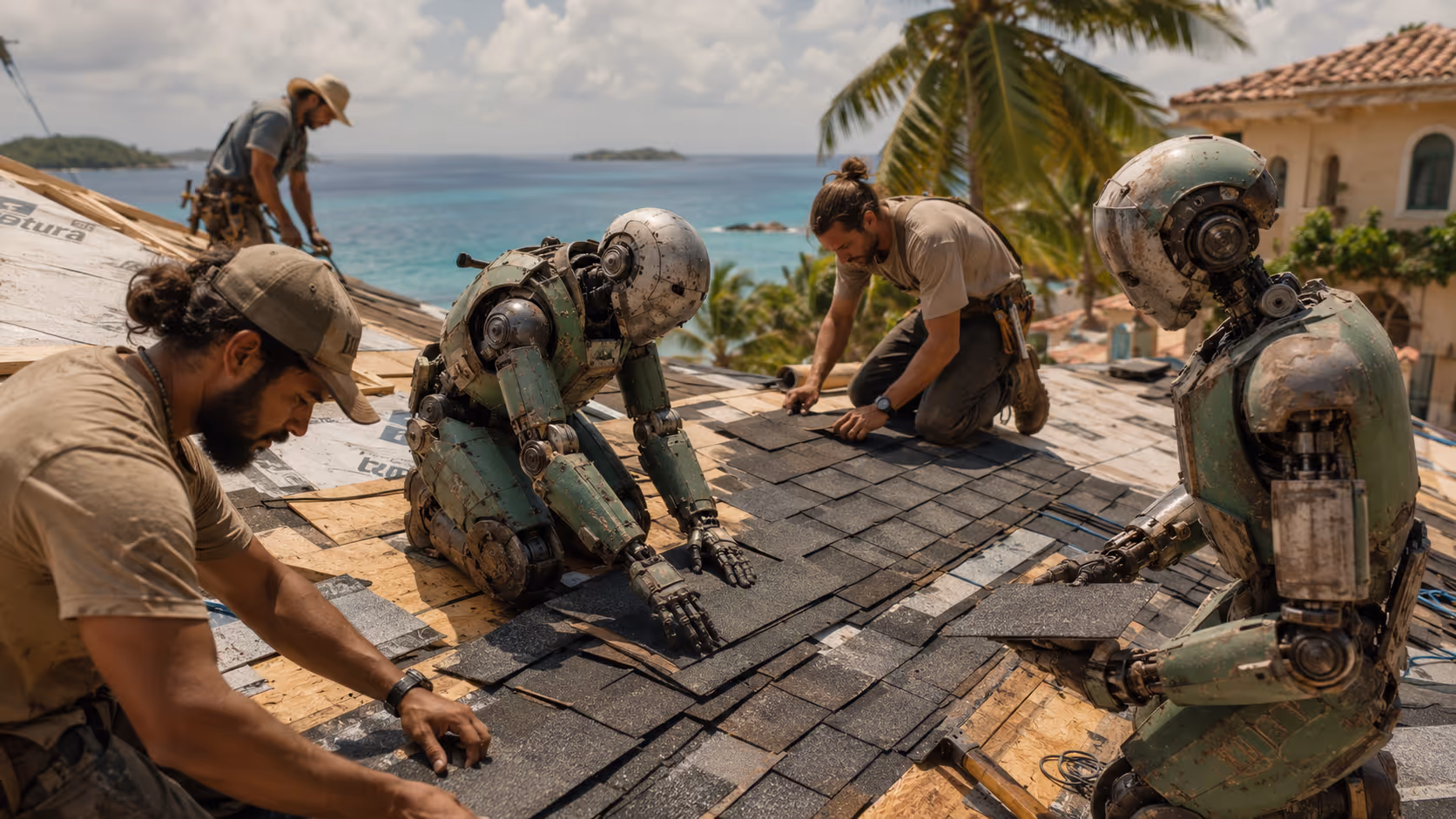 Two humans and two robots working together installing shingles on a roof by the ocean.