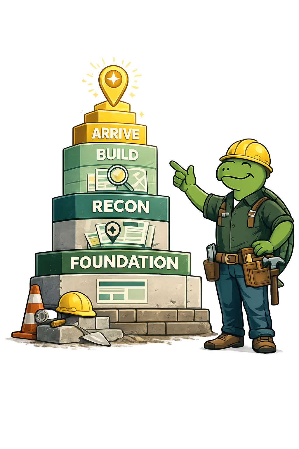 Cartoon turtle in construction gear points to a tiered tower labeled Foundation, Recon, Build, Arrive.