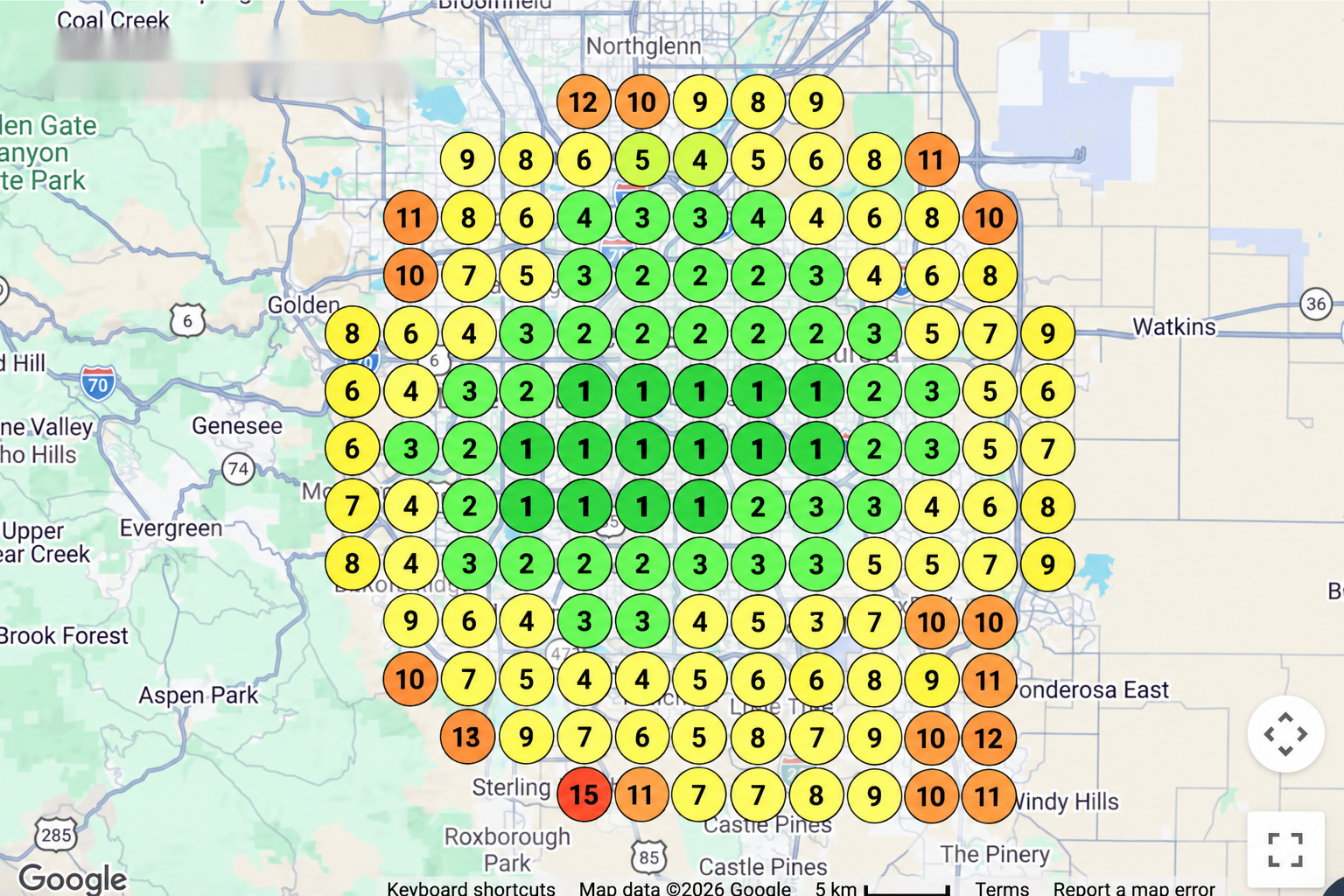 Proximity grid scan after the work, with mostly green points where the business ranks in the top 10.