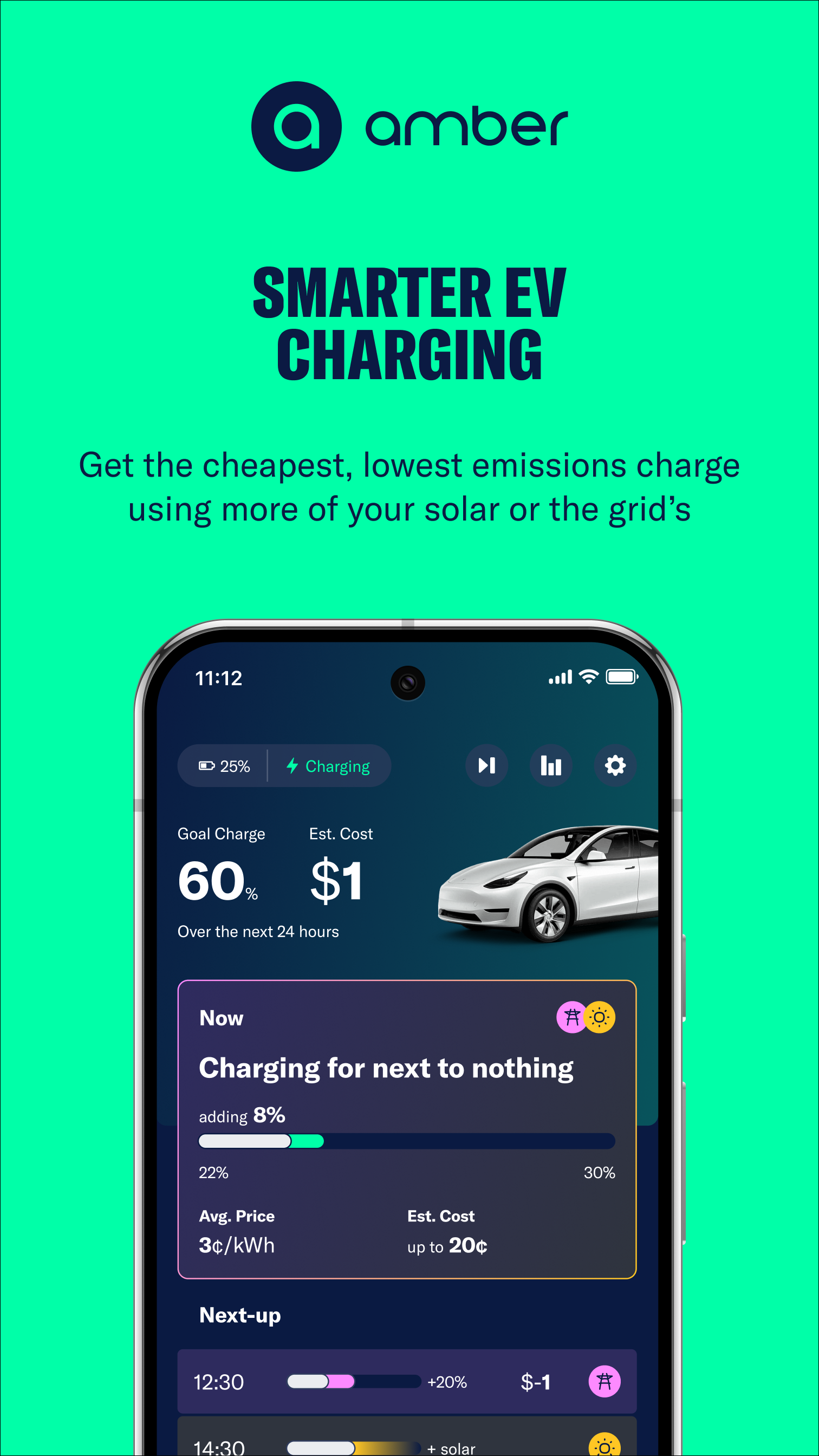 Amber logo with text Smarter EV Charging and a phone screen showing an app estimating EV charging cost at $1 with 60% goal charge and current charge adding 8% at 3 cents per kWh.