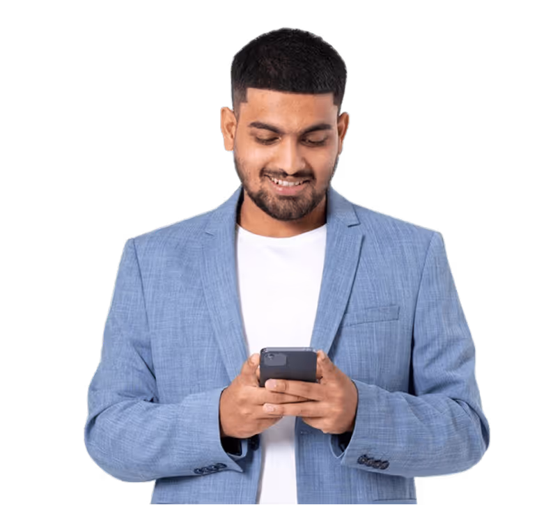 A smiling manager reviews personalized learning insights on a mobile device. On-screen notes highlight strengths and preferred learning styles, supporting data-driven coaching and employee growth.