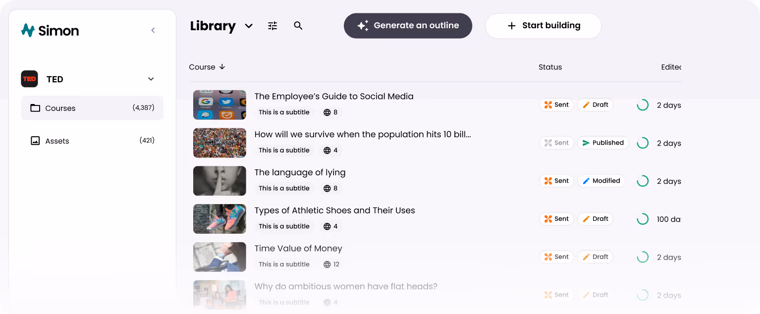 Screenshot of OpenSesame’s Simon library showing courses like social media guides and workplace training, optimized for mobile and desktop learning with accessibility compliance.