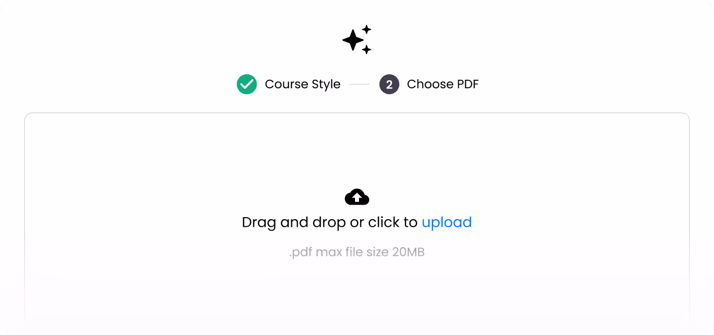Screenshot of OpenSesame’s course creation tool showing a simple upload interface with steps labeled “Course Style” and “Choose PDF,” emphasizing fast, hassle-free training content development.