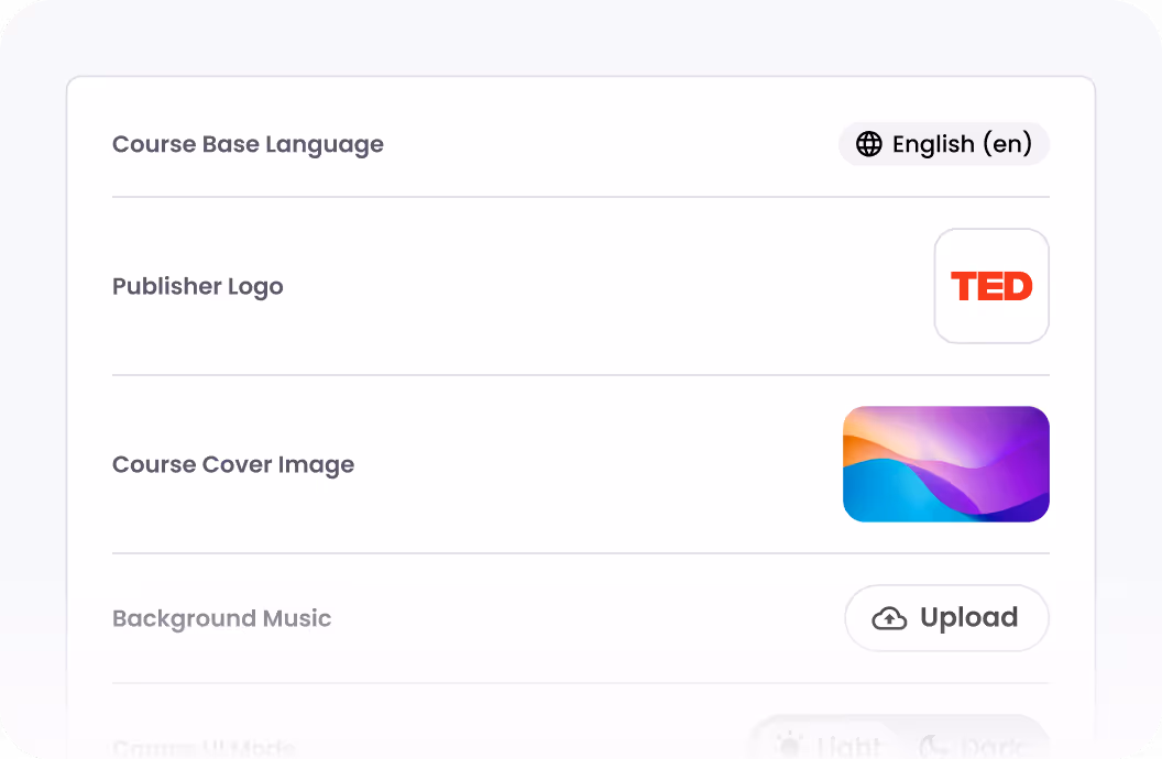 Screenshot of OpenSesame’s course setup tool showing options for base language, publisher logo, course cover image, and background music, streamlining corporate training content creation.