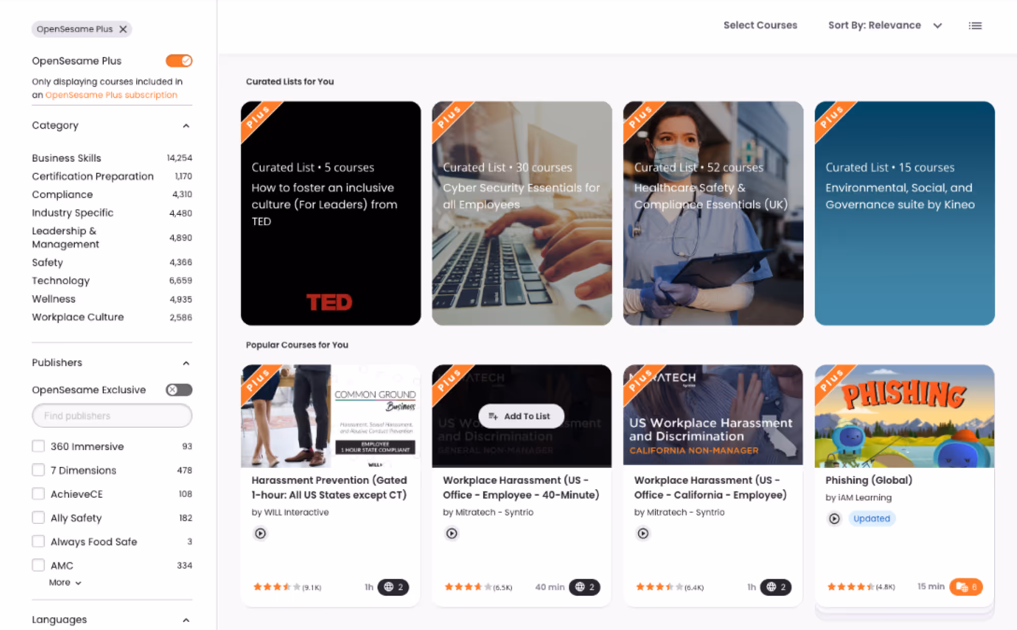 OpenSesame Plus course library dashboard displaying curated learning lists, categories, and featured training such as TED leadership, cybersecurity, compliance, workplace safety, and phishing awareness.