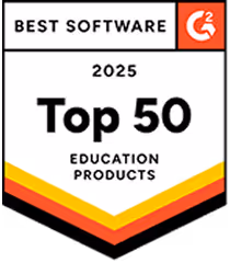 G2 Best Software 2025 Top 50 Education Products badge with orange and yellow chevron design.