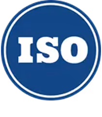 Blue circular badge with white border and bold white letters ISO in the center.