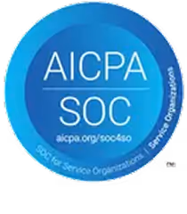 Blue circular badge with text 'AICPA SOC' and 'System and Organization Controls' around the edge.