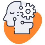 Icon of a human head integrated with gears, symbolizing the connection between people and technology, representing OpenSesame’s AI-driven learning and workforce development solutions.