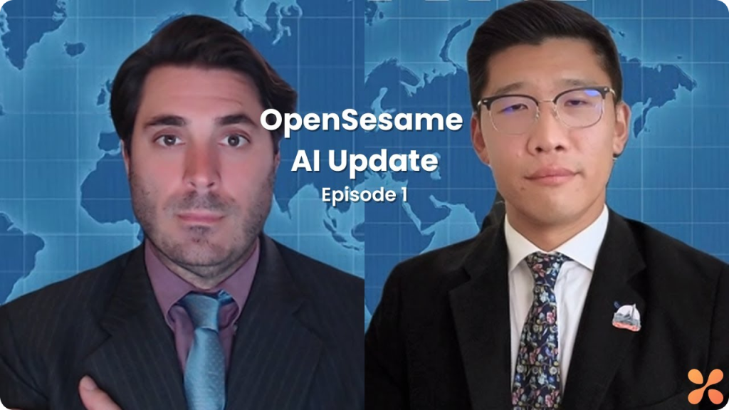 Two men in suits and ties in front of a blue world map background, with text reading 'OpenSesame AI Update Episode 1' between them.