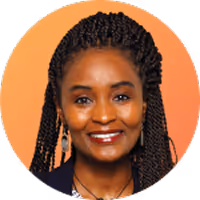 Portrait of a smiling Black woman with braided hair against an orange circular background.