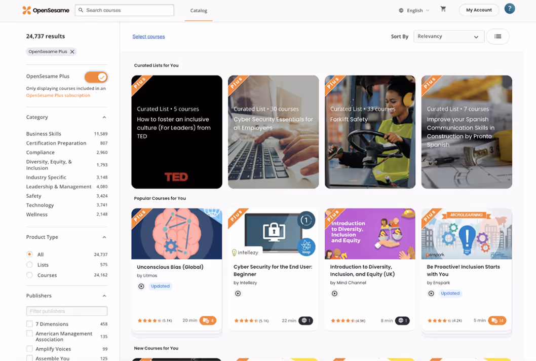 OpenSesame online course search page showing curated lists and popular courses including topics like fostering inclusive culture, cyber security, forklift safety, unconscious bias, and diversity inclusion.
