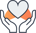 White hands holding an orange heart with a white heart inside it, symbolizing care and support.