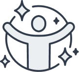 Icon of a person with raised arms surrounded by sparkling stars, symbolizing innovation or celebration.