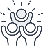 Three abstract human figures with raised arms, symbolizing teamwork or celebration.