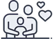 Icon depicting a family with two parents and a child, surrounded by heart symbols.