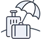 Illustration of a suitcase and travel bag under an umbrella.